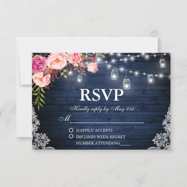Rustic Wedding Blue Wood Pink Floral Lights Lace RSVP Card | Zazzle