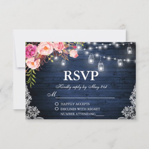 Rustic Wedding Blue Wood Pink Floral Lights Lace RSVP Card