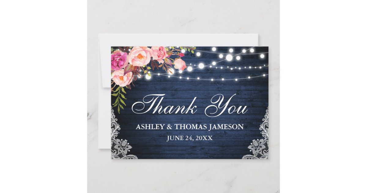 Rustic Wedding Blue Wood Pink Floral Lights Lace Thank You Card | Zazzle