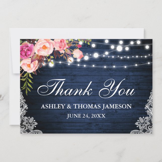 Rustic Wedding Blue Wood Pink Floral Lights Lace Thank You Card (Front)