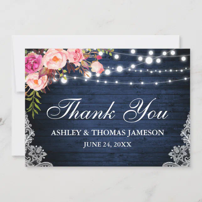Rustic Wedding Blue Wood Pink Floral Lights Lace Thank You Card | Zazzle