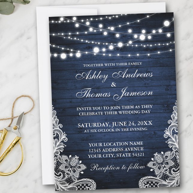 Rustic Wedding Blue Wood String Lights Lace Invite (Customize to add more text or photos to back of card.)