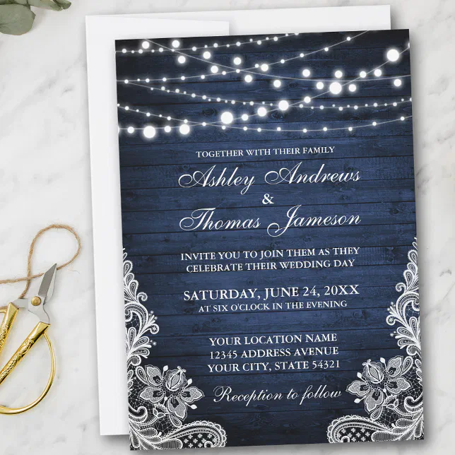 Rustic Wedding Blue Wood String Lights Lace Invite | Zazzle