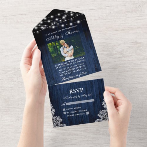 Rustic Wedding Blue Wood String Lights Lace Photo All In One Invitation