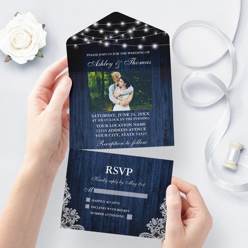 Rustic Wedding Blue Wood String Lights Lace Photo All In One Invitation