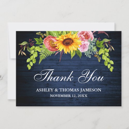 Rustic Wedding Blue Wood Sunflower Floral Thank You Card