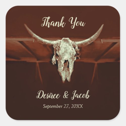 Rustic Wedding Brown Country Western Bull Skull Square Sticker