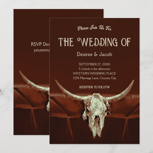 Rustic Wedding Brown Western Bull Skull Country  Invitation (Front/Back)