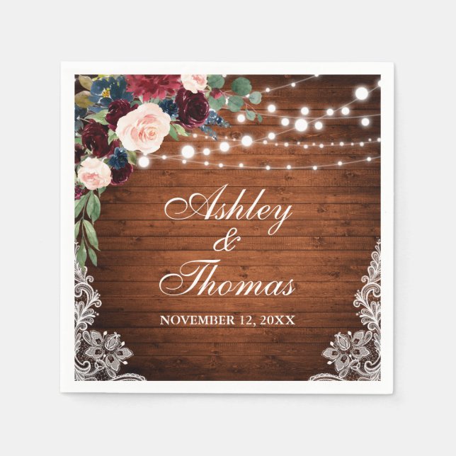 Rustic Wedding Burgundy Blue Floral Lace Napkins (Front)