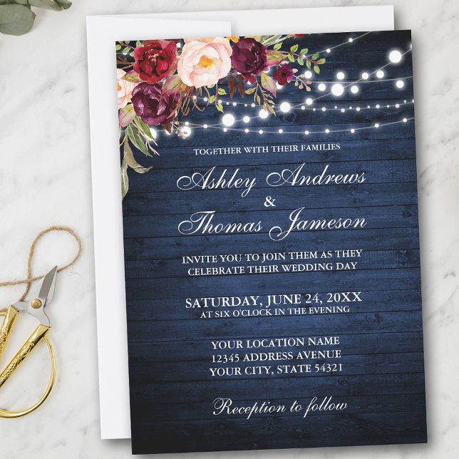 Rustic Wedding Burgundy Floral Blue Wood Lights Invitation (Customize to add more text or photos to back of card.)