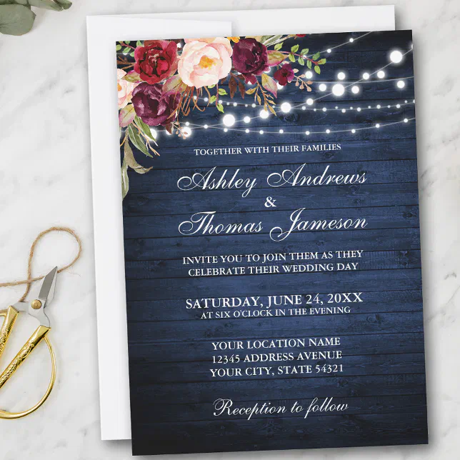 Rustic Wedding Burgundy Floral Blue Wood Lights Invitation | Zazzle