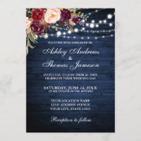Rustic Wedding Burgundy Floral Blue Wood Lights Invitation