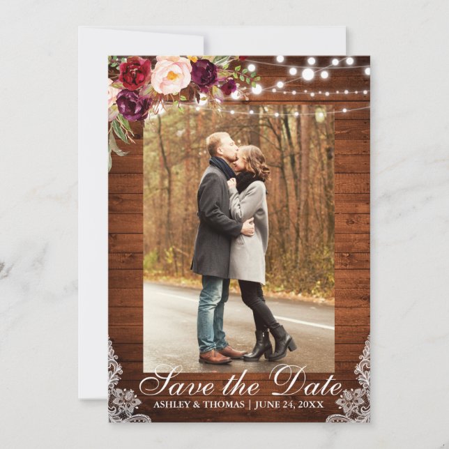 Rustic Wedding Burgundy Floral Lace Save the Date (Front)
