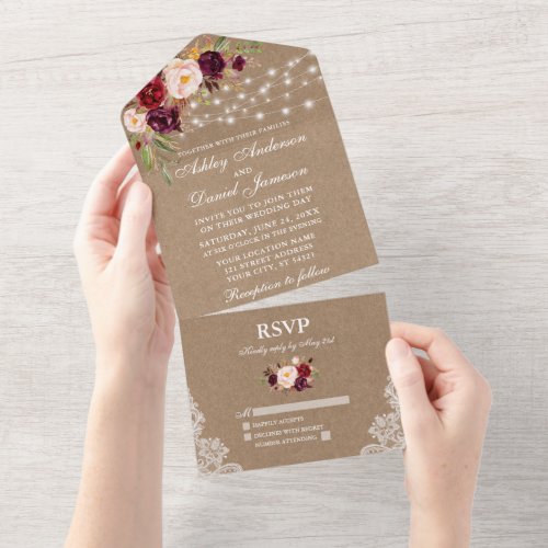 Rustic Wedding Burgundy Floral Lights Lace Kraft All In One Invitation