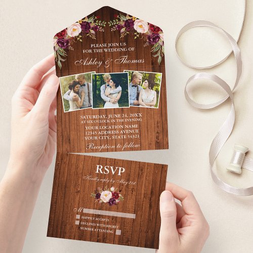 Rustic Wedding Burgundy Floral Wood 3 Photo All In One Invitation