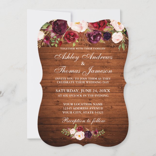 Rustic Wedding Burgundy Floral Wood Invite B (Front)