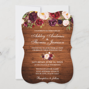 Rustic Wedding Burgundy Floral Wood Invite B