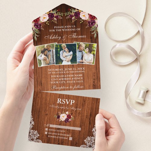 Rustic Wedding Burgundy Floral Wood Lace 3 Photo All In One Invitation