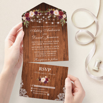 Rustic Wedding Burgundy Floral Wood Lace Lights All In One Invitation by SugarandSpicePaperCo at Zazzle