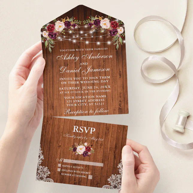 Rustic Wedding Burgundy Floral Wood Lace Lights All In One Invitation