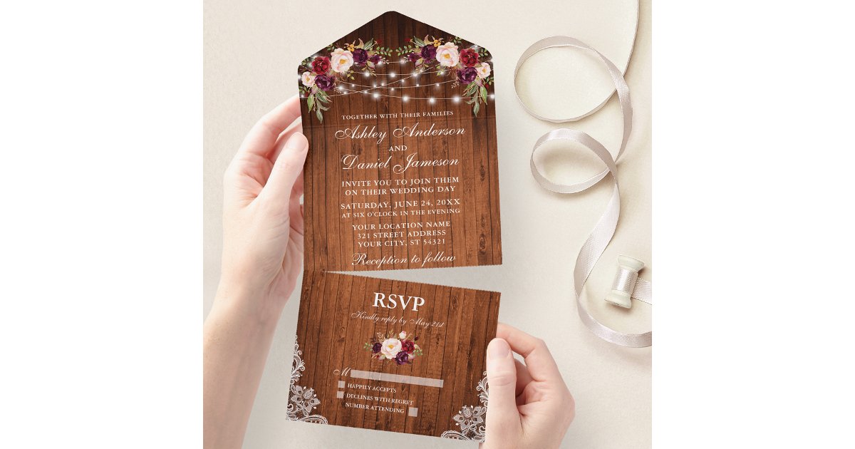Rustic Wedding Burgundy Floral Wood Lace Lights All In One Invitation ...