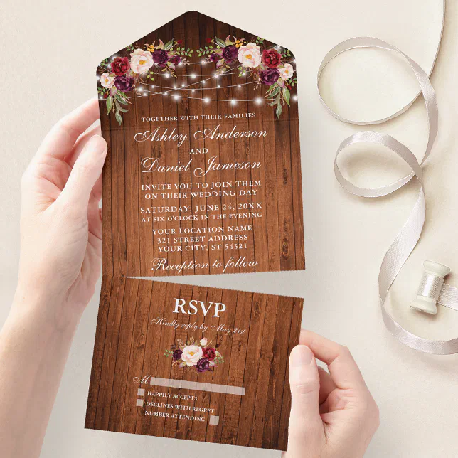 Rustic Wedding Burgundy Floral Wood Lights All In One Invitation | Zazzle