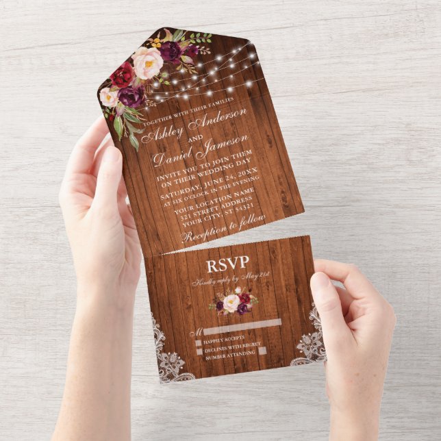 Rustic Wedding Burgundy Floral Wood Lights Lace All In One Invitation (Tearaway)