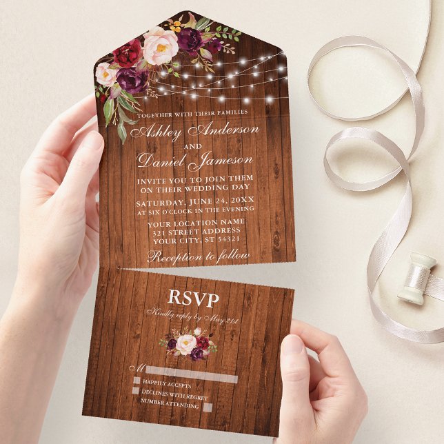 Rustic Wedding Burgundy Floral Wood String Lights All In One Invitation (All In One Wedding Invitation with tear off RSVP Card)