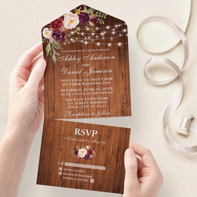 Rustic Wedding Burgundy Floral Wood String Lights All In One Invitation ...