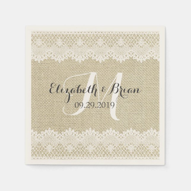 Rustic Wedding,Burlap and Lace Wedding Paper Napkins (Front)