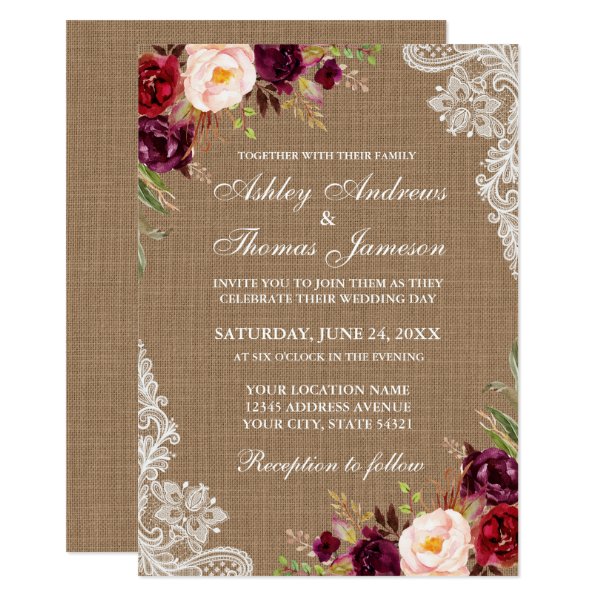 256455263528275123 Rustic Wedding Burlap Burgundy Floral Lace Invite