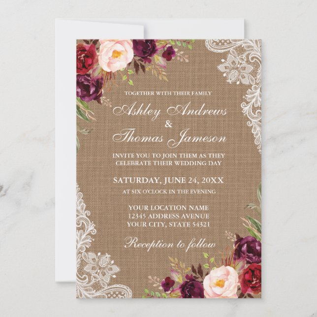 Rustic Wedding Burlap Burgundy Floral Lace Invite (Front)