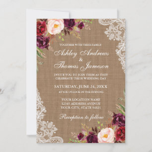 Rustic Wedding Burlap Burgundy Floral Lace Invite