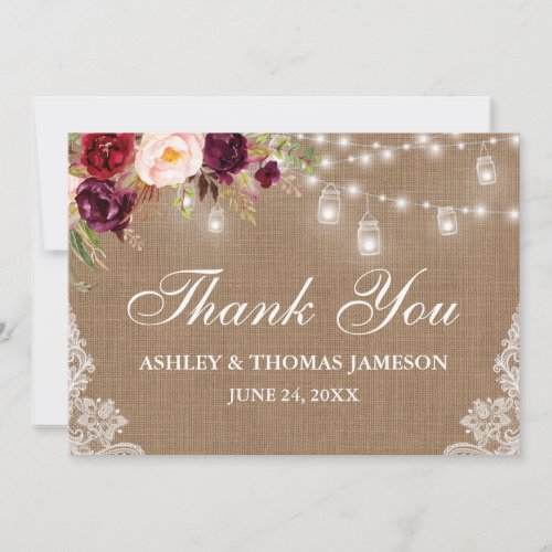 Rustic Wedding Burlap Floral Jar Lights Lace Thank You Card