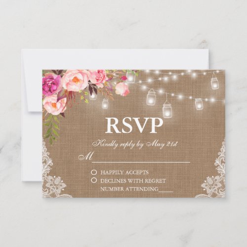 Rustic Wedding Burlap Floral Lights Jars Lace RSVP