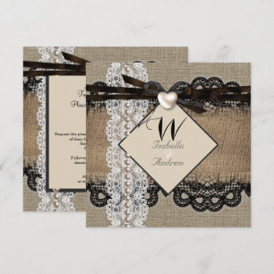 Rustic Wedding Burlap Hessian Lace Pearl Heart Invitation