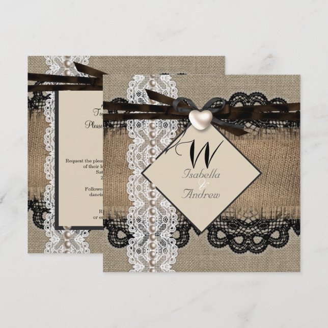 Rustic Wedding Burlap Hessian Lace Pearl Heart Invitation (Front/Back)
