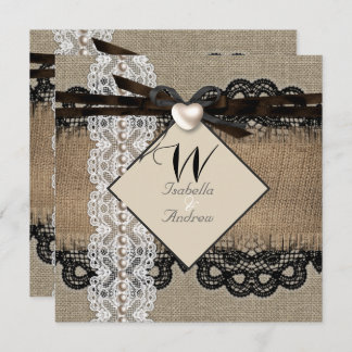 Rustic Wedding Burlap Hessian Lace Pearl Heart Invitation