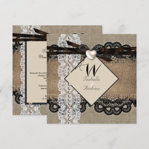 Rustic Wedding Burlap Hessian Lace Pearl Heart Announcement