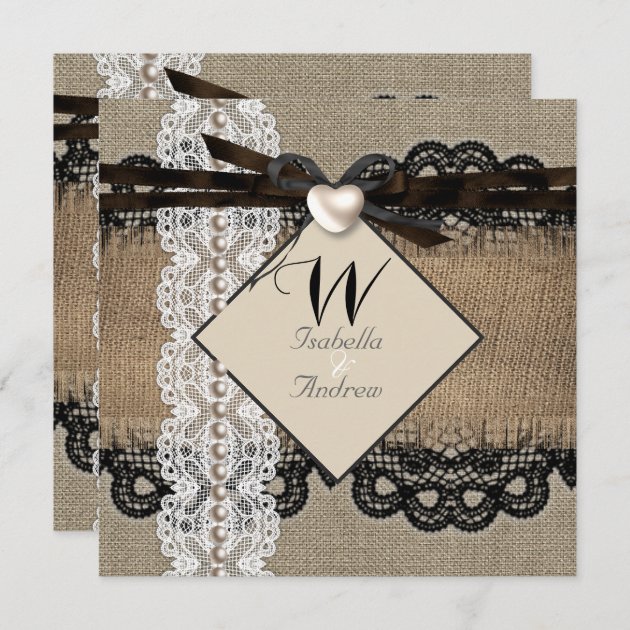 RUSTIC HESSIAN LACE HEART WEDDING INVITATIONS WITH ENVELOPES 