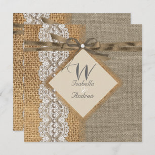 Rustic Wedding Burlap Hessian Lace Pearl Invitation