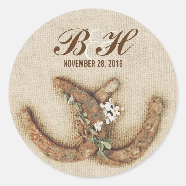 rustic wedding burlap horseshoes stickers (Front)