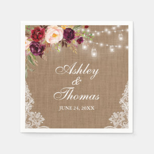 Rustic Wedding Burlap Jar Lights Floral Lace Napkins