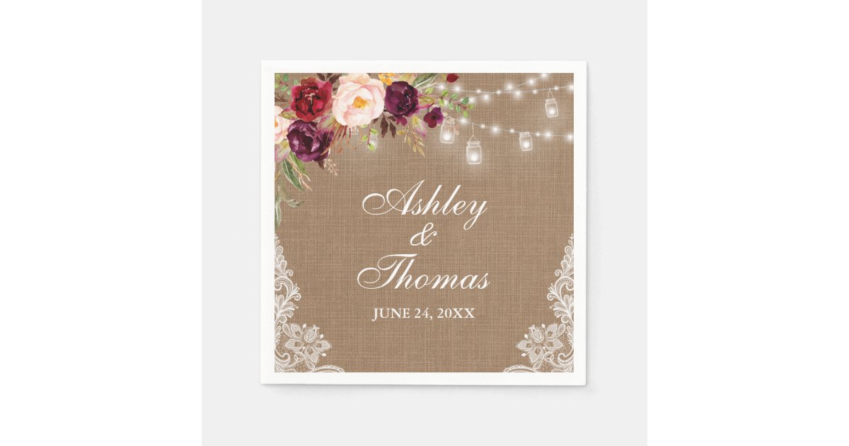 Rustic Wedding Burlap Jar Lights Floral Lace Napkins | Zazzle