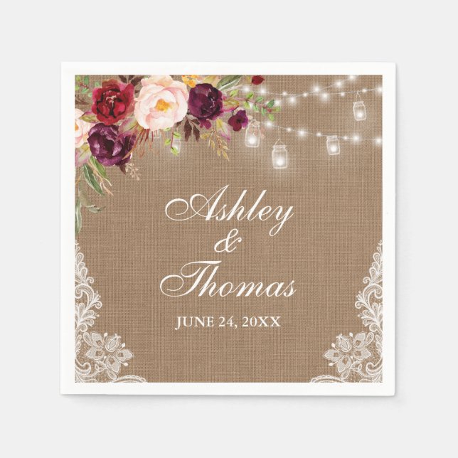 Rustic Wedding Burlap Jar Lights Floral Lace Napkins (Front)