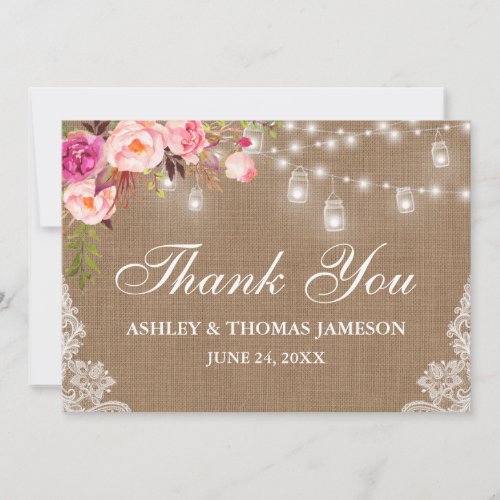 Rustic Wedding Burlap Jar Lights Floral Lace Thank You Card