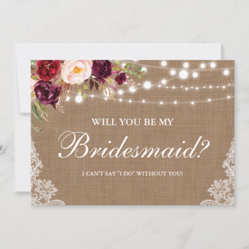 Rustic Wedding Burlap Lace Floral Bridesmaid Invitation