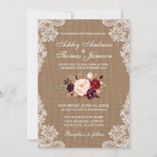 Rustic Wedding Burlap Lace Floral Invite B