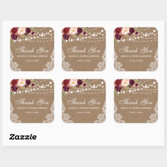 Rustic Wedding Burlap Lace Floral Thank You B Square Sticker | Zazzle