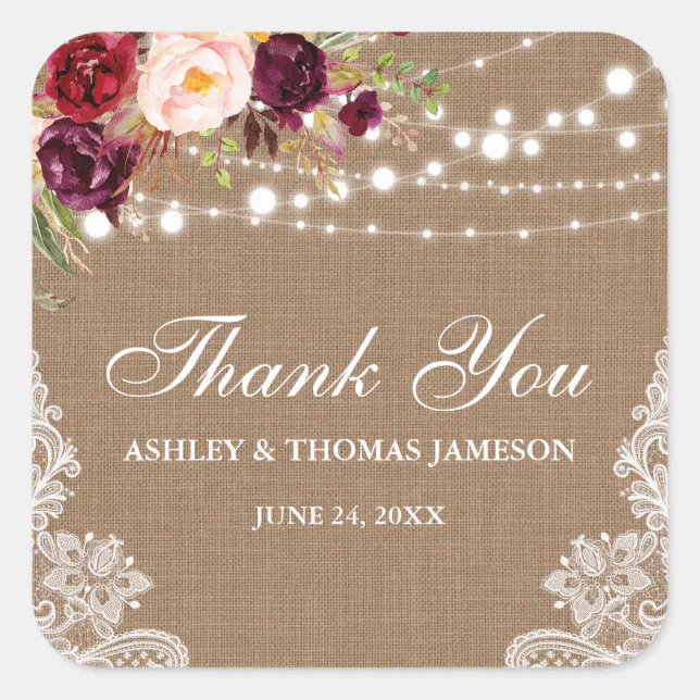 Rustic Wedding Burlap Lace Floral Thank You B Square Sticker | Zazzle